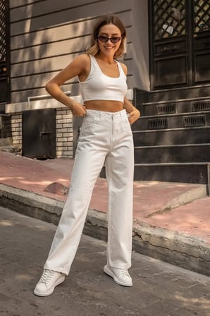 Patricia Kadın Beyaz Kot Pantolon Wide Leg Kalıp Yüksek Bel Jean