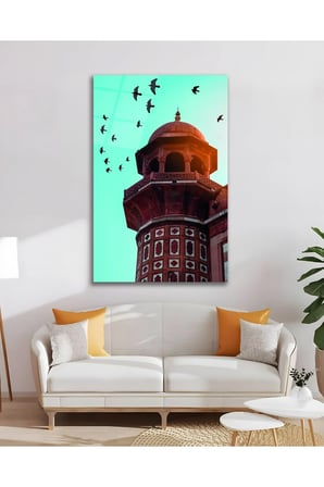 Cami Minare Motif Dini İslami Kuşlar Cam Tablo Modern Ev Ofis Salon Duvar Oda Dekoru Hediyelik