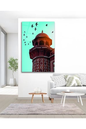Cami Minare Motif Dini İslami Kuşlar Cam Tablo Modern Ev Ofis Salon Duvar Oda Dekoru Hediyelik