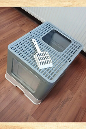 Büyük Boy Kırılmaz Kapalı Çekmeceli Kedi Tuvaleti Kedi Kumu Küreği Hediyeli Pet Bakım 38x38x49