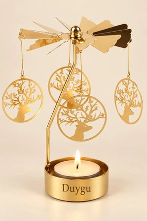 Kişiye Özel İsimli Dönen Mumluk Geyik Figürlü Altın Metal Tealight Mum Tutucu Yılbaşı Dekoru 15 cm