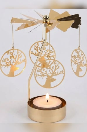 Kişiye Özel İsimli Dönen Mumluk Geyik Figürlü Altın Metal Tealight Mum Tutucu Yılbaşı Dekoru 15 cm