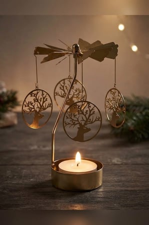 Kişiye Özel İsimli Dönen Mumluk Geyik Figürlü Altın Metal Tealight Mum Tutucu Yılbaşı Dekoru 15 cm