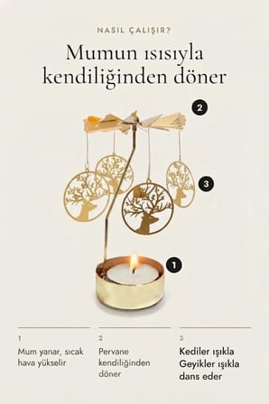 Kişiye Özel İsimli Dönen Mumluk Geyik Figürlü Altın Metal Tealight Mum Tutucu Yılbaşı Dekoru 15 cm