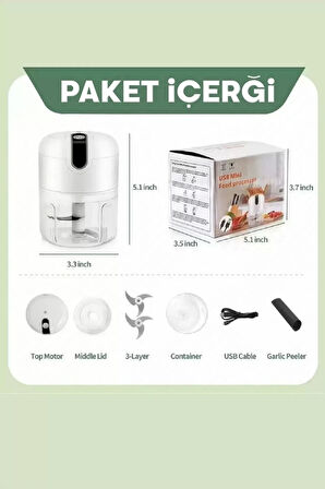 Pratik Mini El Rondosu Şarjlı Çelik 3 Bıçaklı 250 Ml Mutfak Robotu Hazneli Rondo Sebze Et Doğrayıcı Rende