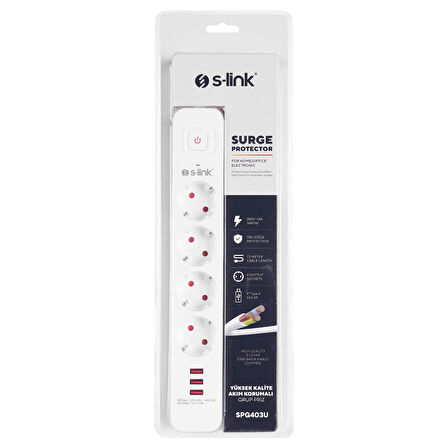 S-link SPG403U 1.5m 1.5mm 100% Bakır 750 Joule 3 Usb 5V2.4A 4lü Anahtarlı Akım Korumalı Priz - 16637