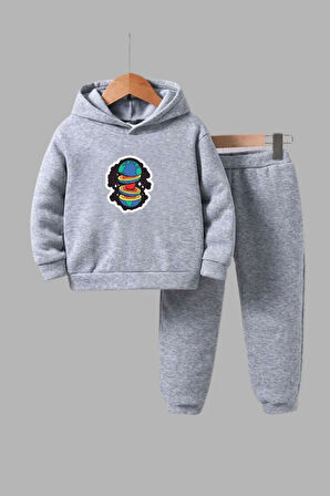 Unisex Çocuk Gri Kapüşonlu Sweatshirt ve Eşofman Altı Takımı Dünya Baskılı