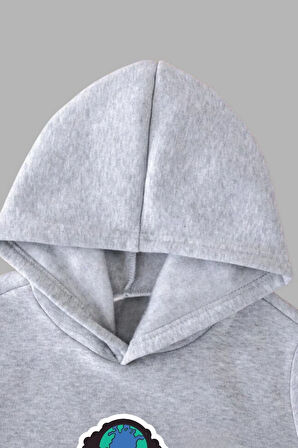 Unisex Çocuk Gri Kapüşonlu Sweatshirt ve Eşofman Altı Takımı Dünya Baskılı