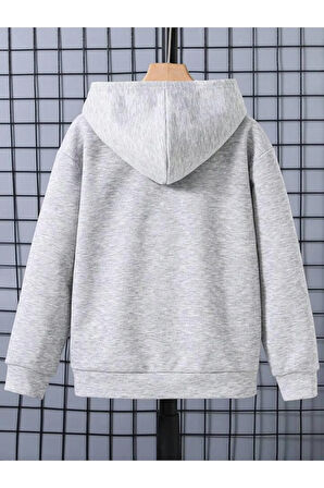 Kız\Erkek Çocuk Gri Kırmızı Bereli Baskılı Kapşonlu Sweatshirt