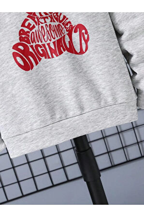 Kız\Erkek Çocuk Gri Kırmızı Bereli Baskılı Kapşonlu Sweatshirt
