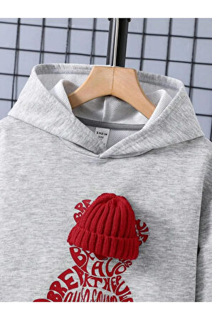 Kız\Erkek Çocuk Gri Kırmızı Bereli Baskılı Kapşonlu Sweatshirt