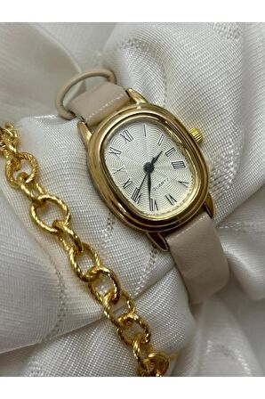 Retro Minimal Deri Kordon Vintage Oval Gold Kasa Kadın Kol Saati Bej Rengidir