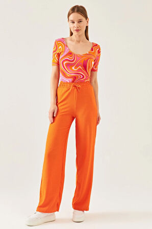 Kadın Turuncu Krema Desen U Yaka Kısa Kol Viskon Bluz