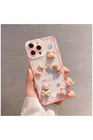 Apple Iphone 15 Pro Uyumlu Kılıf Bear And Rabbit Silikon Kılıf Pembe