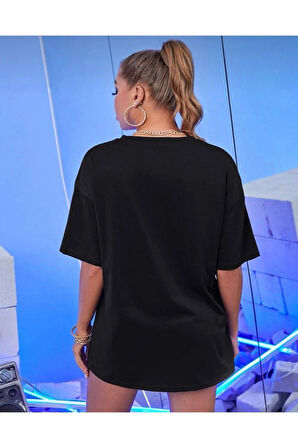 Siyah Unisex Pamuk Bisiklet Yaka Boyfriend Örme Oversize T-shirt