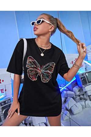 Siyah Unisex Pamuk Bisiklet Yaka Boyfriend Örme Oversize T-shirt