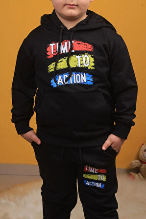 Gri Kapşonlu Çocuk  Baskılı Eşofman Takımı Unisex