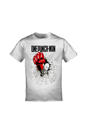 Erkek Beyaz One Punch Man Baskılı T-shirt