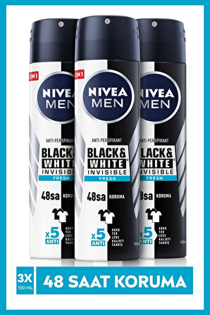 MEN Erkek Sprey Deodorant Black&white Invisible Freshl 150 mlx3adet,48 Saat Anti-perspirant Koruma