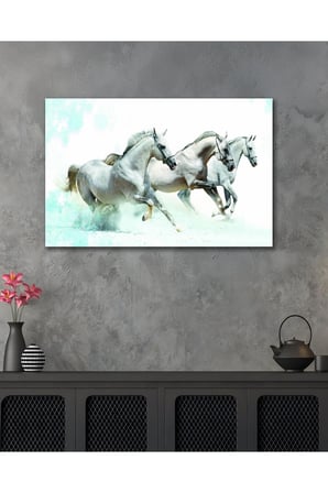At Beyaz Koşan Atlar Hayvan Cam Tablo Modern Ev Ofis Salon Duvar Oda Dekoru Hediyelik