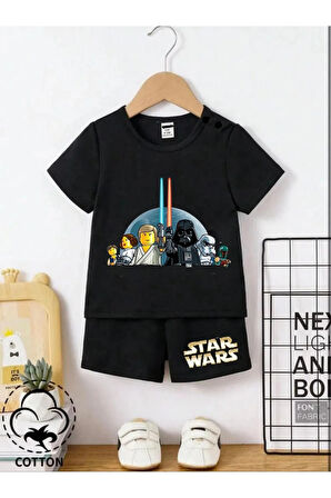 Çocuk Tasarım Star wars Film Baskılı T-Shirt Şort Alt Üst Takım %100 Pamuk