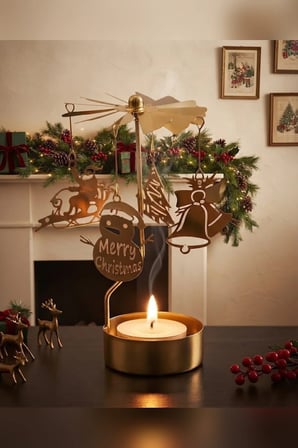 Kişiye Özel İsimli Dönen Mumluk Noel Baba Kardan Adam Figürlü Altın Metal Tealight Mum Tutucu 15 cm