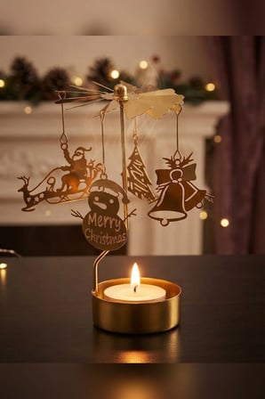 Kişiye Özel İsimli Dönen Mumluk Noel Baba Kardan Adam Figürlü Altın Metal Tealight Mum Tutucu 15 cm