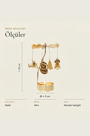 Kişiye Özel İsimli Dönen Mumluk Noel Baba Kardan Adam Figürlü Altın Metal Tealight Mum Tutucu 15 cm
