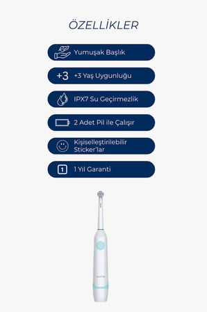 Çocuk Pilli Diş Fırçası Sticker Setli, Yumuşak Uçlu, IPX7 Su Geçirmez
