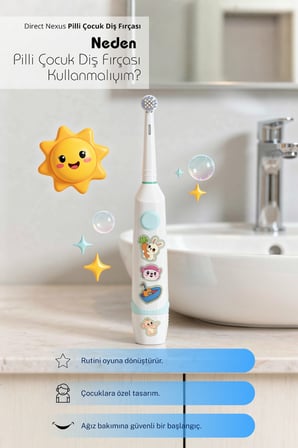 Çocuk Pilli Diş Fırçası Sticker Setli, Yumuşak Uçlu, IPX7 Su Geçirmez