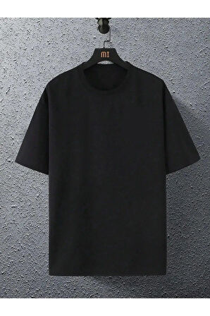 Unisex Siyah Arkası Gezegen Baskılı Oversize Bisiklet Yaka Tshirt