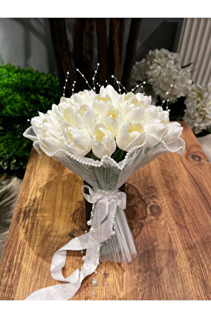 İncili Tüllü Islak Lale Gelin Buketi - Lale Gelin Çiçeği - Islak Lale