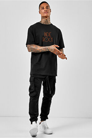 Oversize Indie Rock Baskılı Siyah Tshirt