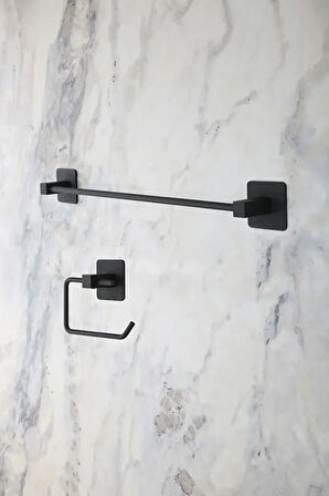 Siyah Kare Yapışkanlı Uzun Havluluk / Açık Tuvalet Kağıtlığı 2li Banyo Düzenleyici Seti