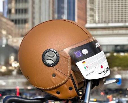 Sway 701 Deri Kaplı Yarı Camlı Elektrikli Bisiklet Motosiklet Scooter Kaskı L Beden Kahve