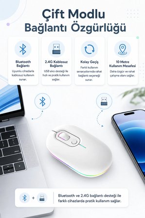 Beyaz Şarjlı Kablosuz Mouse Bluetooth 5.2 + 2.4G Çift Modlu Sessiz Tuşlu RGB Işıklı 800 1200 1600 DPI Type-C Şarjlı Ergonomik Mouse