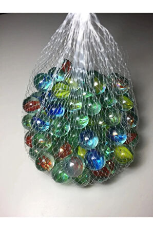 100 Adet Cam Misket -Bilye Rengarenk Özel Kırmızı Tül Kese İçinde Misket Oyuncak-Cam Misket Bilye