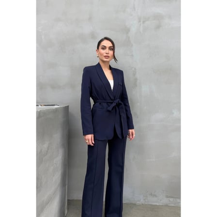 Kadın İkili Kuşaklı Blazer Ceket Pantolon Takım Koyu Lacivert