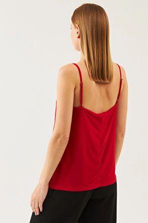 Kadın Kırmızı İp Askılı Dantelli Bluz