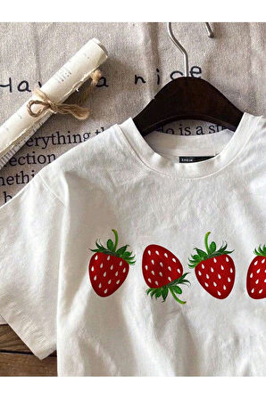 Unisex Çilek Baskılı Oversize T-Shirt