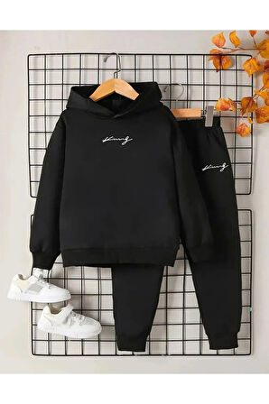Kız Çocuk Unicorn Kalp Baskılı Kapüşonlu Sweatshirt Eşofman Takımı