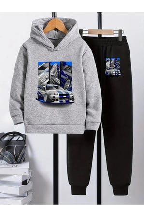 Çocuk Baskılı Kapüşonlu Sweatshirt ve Eşofman Takım 3 İplik Şardonlu Sonbahar/Kış için