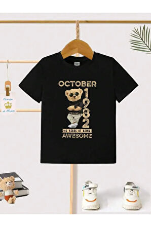 Çocuk Tasarım October 1982 Bear Baskılı T-Shirt Şort Alt Üst Takım %100 Pamuk