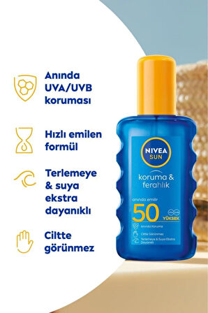 SUN SPF50 Koruma ve Ferahlık Güneş Spreyi 200 ml, Terlemeye Ve Suya Dayanıklı,Transparan