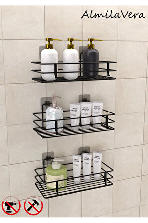 Güçlü Yapışkanlı Kancalı 3 Adet 3 Katlı Banyo Mutfak Düzenleyici Rafı Mat Siyah