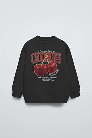 Siyah Çocuk Cherries Baskılı Bisiklet Yaka Basic Sweatshirt