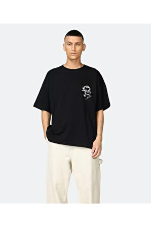 Oversize One Baskılı Siyah Tshirt