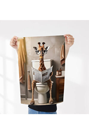 Çerçevesiz Poster Dijital Baskı , Tuvalette Oturan Zürafa , Banyo Tuvalet Dekorasyon Poster