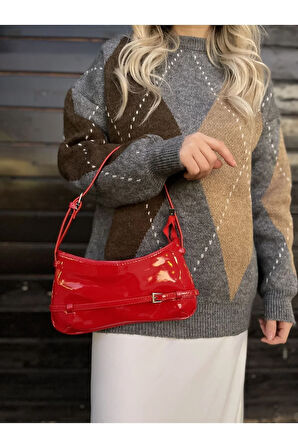 Kırmızı Kadın Kırmızı Rugan Retro Baget Çanta Gündüz / Gece Düz