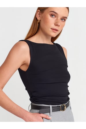 31589 Büzgülü Kayık Yaka Top-Taş